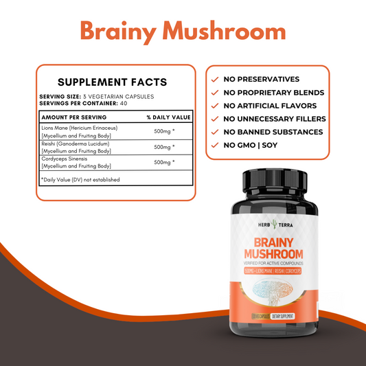 Brainy Mushroom | Reishi, Lion’s Mane, Cordyceps | 120 Capsules
