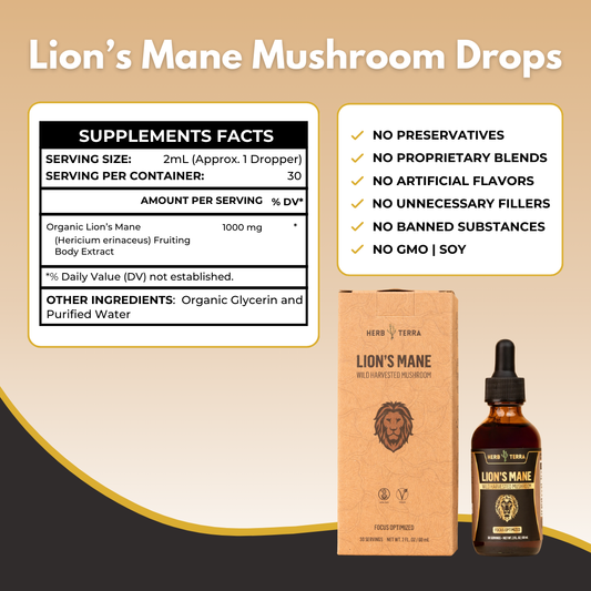 Lion's Mane Mushroom Drops packaging with supplement facts label and product details on a beige background.