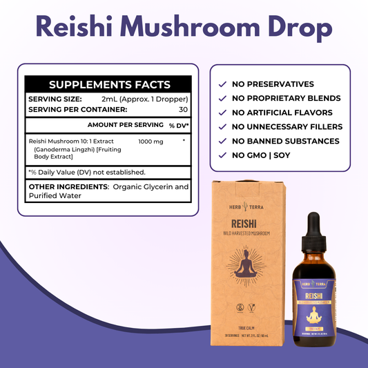 Reishi Drops packaging on white background | Herb Terra
