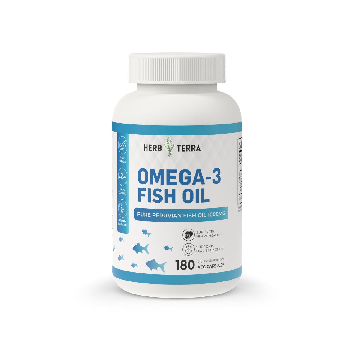 A white plastic bottle of Herb Terra Omega-3 Fish Oil with a white cap, featuring a white and blue label with fish graphics, on a clean white background.