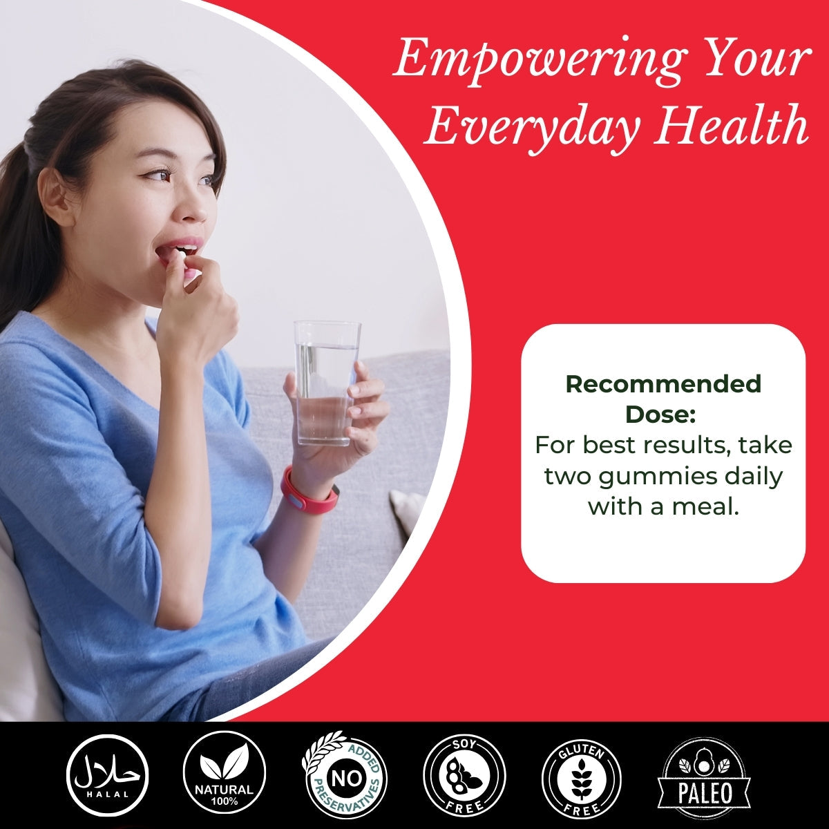 Woman taking gummy with water, health supplement info.| Herb terra