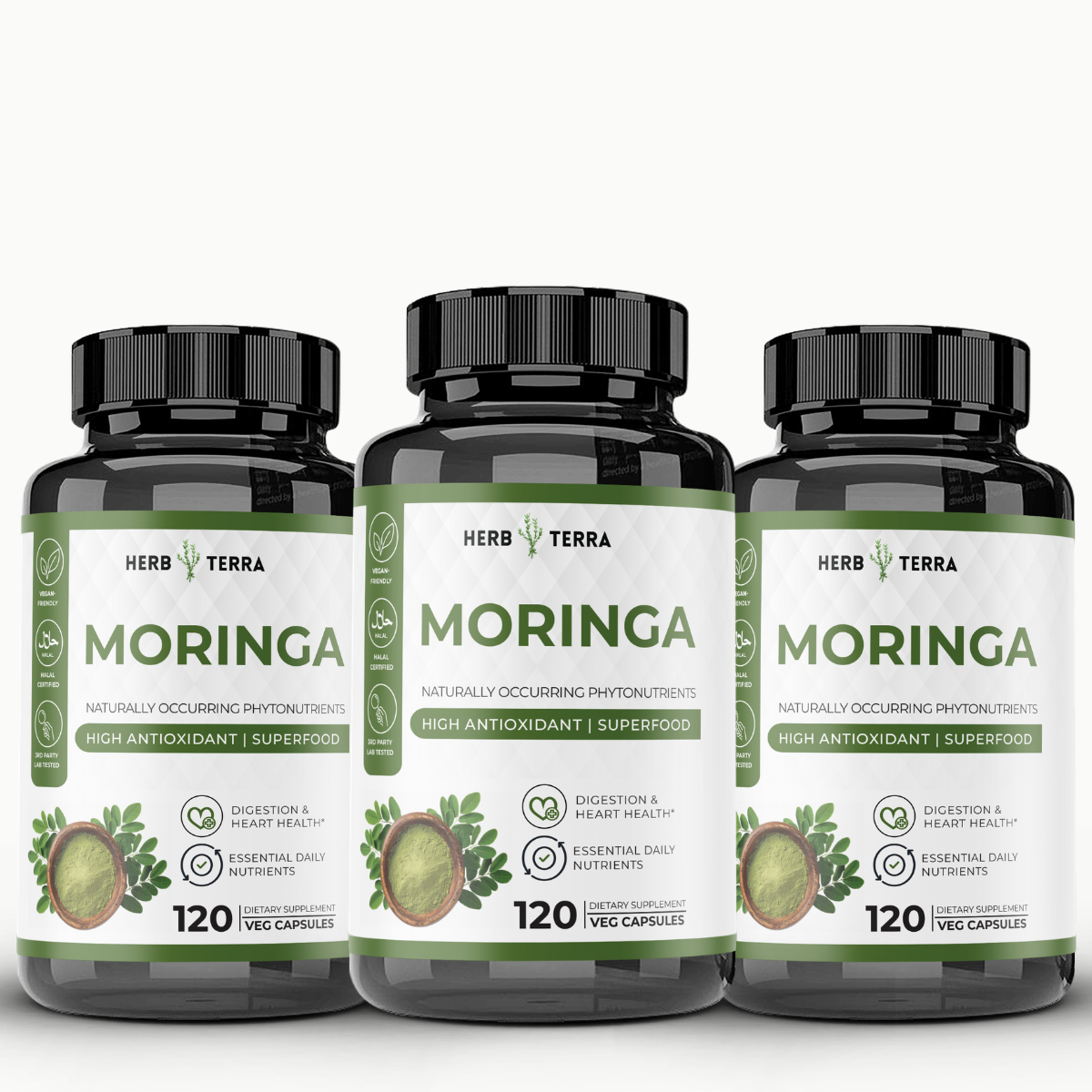 [Bundle of 3] Herb Terra Moringa Leaf 1000mg - Superfood Energy, Skin & Blood Sugar Support