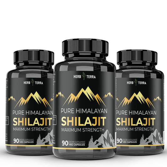 Three Pure Himalayan Shilajit bottles on white | Herb Terra
