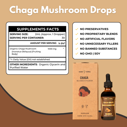 Chaga Mushroom Drops with supplement facts label and product packaging on a beige background