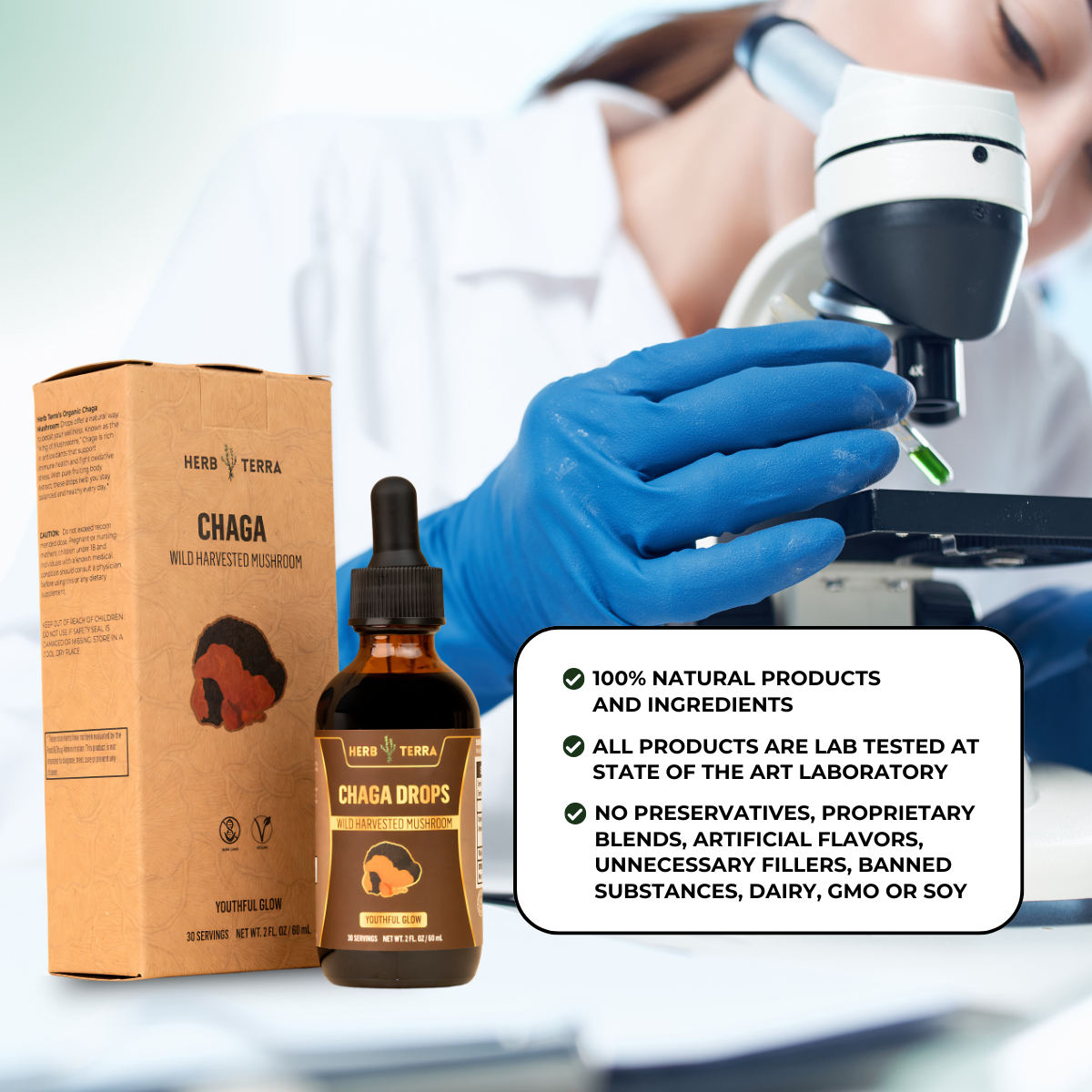 Herb Terra Chaga with scientist; natural and lab-tested.
