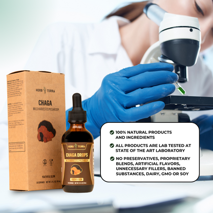 Herb Terra Chaga with scientist; natural and lab-tested.
