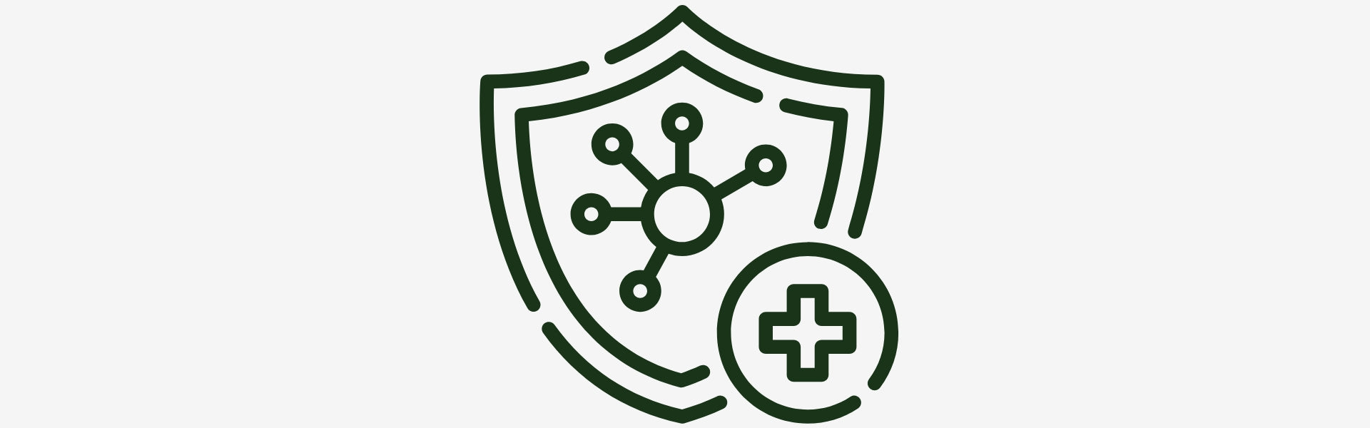 Icon of a shield with a plus sign and network symbol on a white background