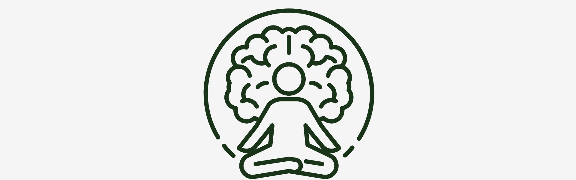Line art of a person meditating with a brain outline, on a light gray background.