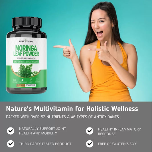 Moringa powder, woman, wellness.
| Herb terra
