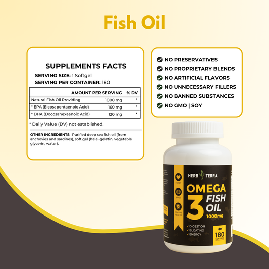 Omega-3 Fish Oil bottle with label on beige | Herb Terra
