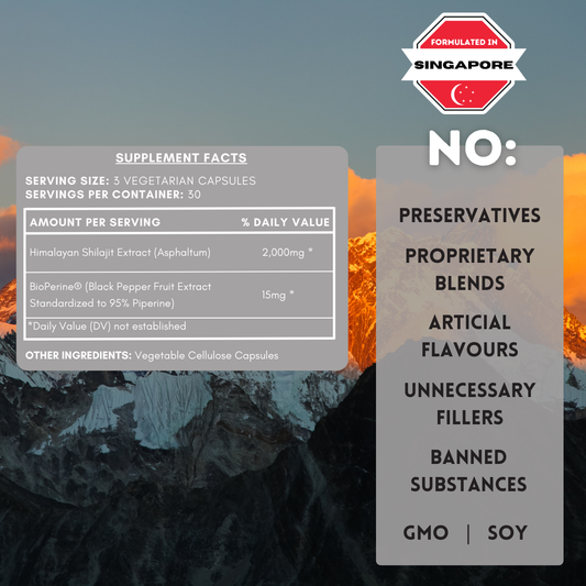 Supplement facts label and list of 'No' items on a mountainous background