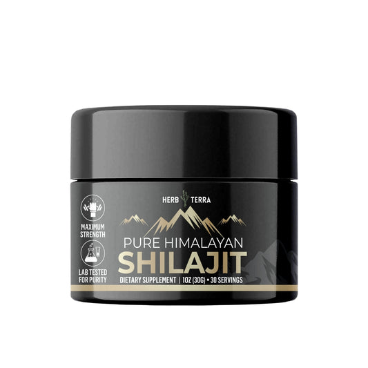 Black jar of Pure Himalayan Shilajit with branding on a white background