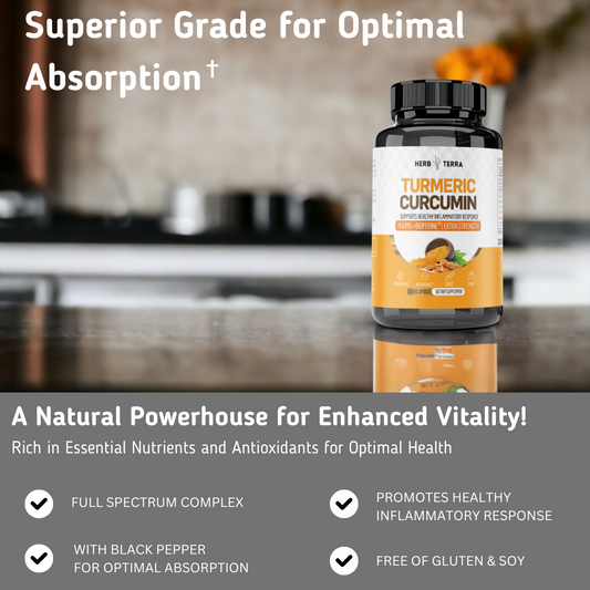 Turmeric Curcumin bottle on kitchen counter with benefits | Herb Terra
