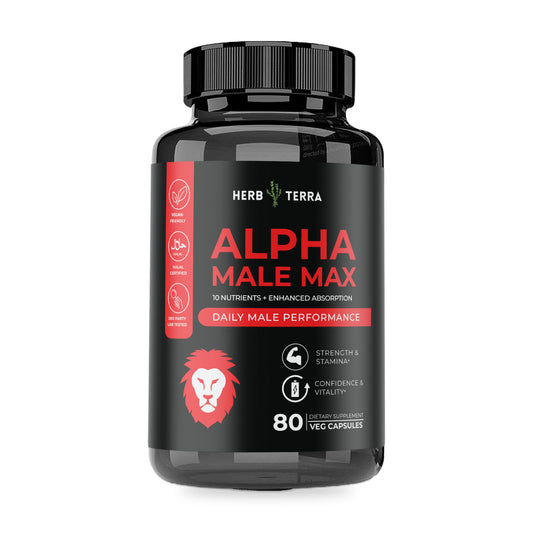 Herb Terra Alpha Male Max 80 veg capsules: bottle front on white background