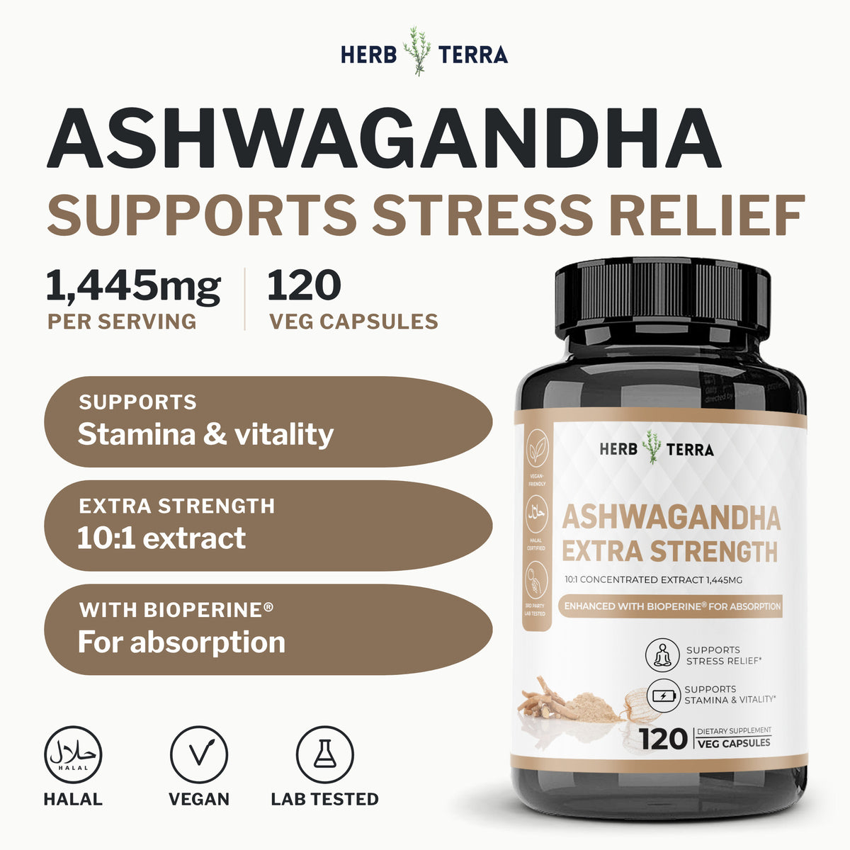 Herb Terra Ashwagandha Capsules 120 veg capsules: cover with bottle, 1,445 mg per serving, BioPerine