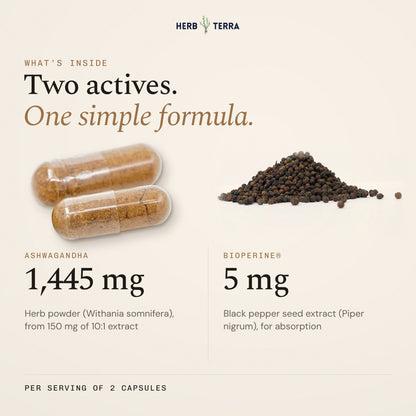 Herb Terra Ashwagandha Capsules 120 veg capsules: capsules and black pepper, 1,445 mg and 5 mg amounts