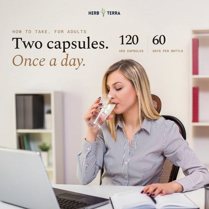 Herb Terra Ashwagandha Capsules 120 veg capsules: how to take, two capsules once a day, 60 days