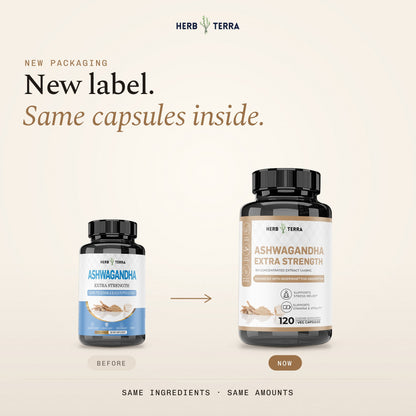 Herb Terra Ashwagandha Capsules 120 veg capsules: old and new label side by side, same capsules