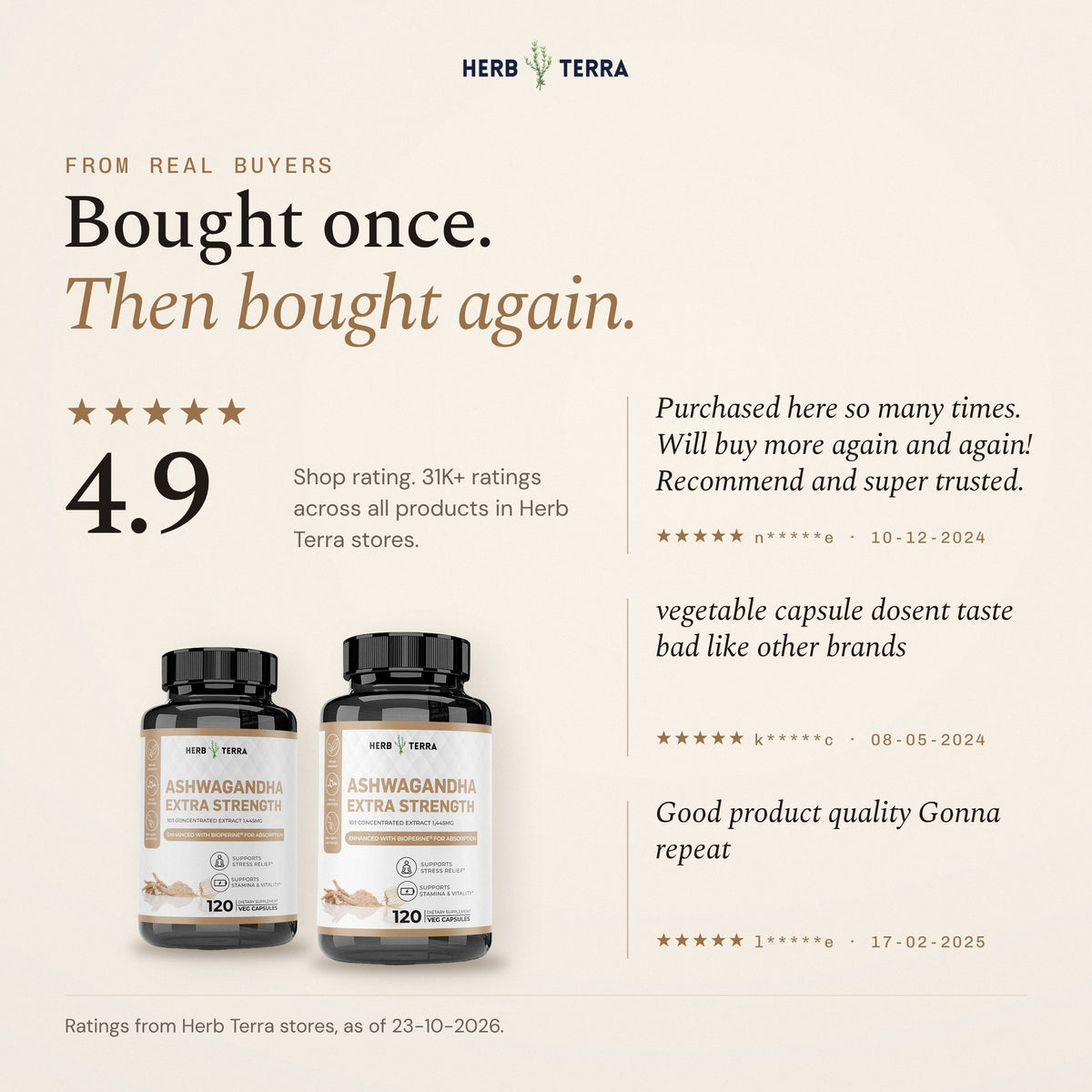 Herb Terra Ashwagandha Capsules 120 veg capsules: buyer quotes with two bottles