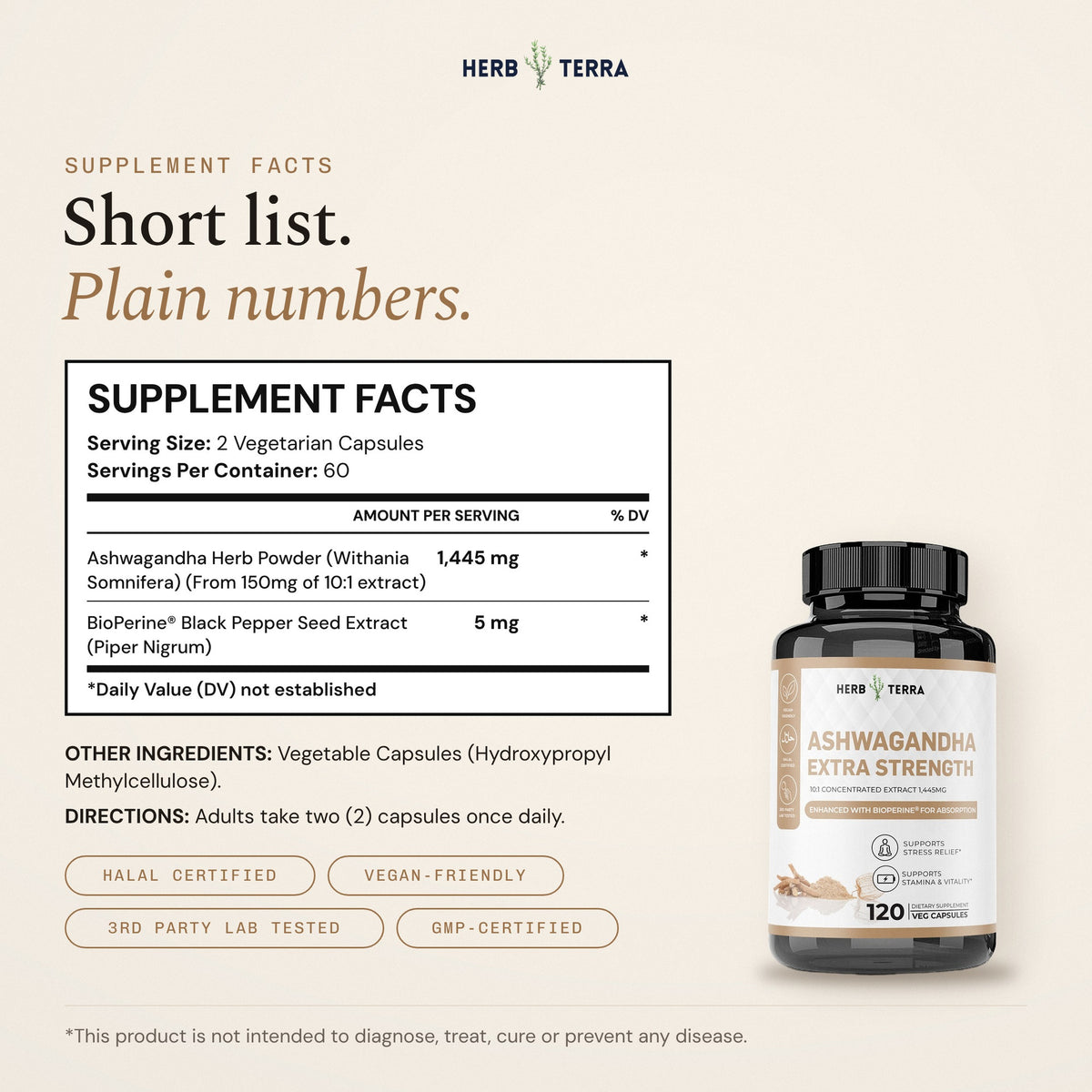 Herb Terra Ashwagandha Capsules 120 veg capsules: supplement facts panel and directions