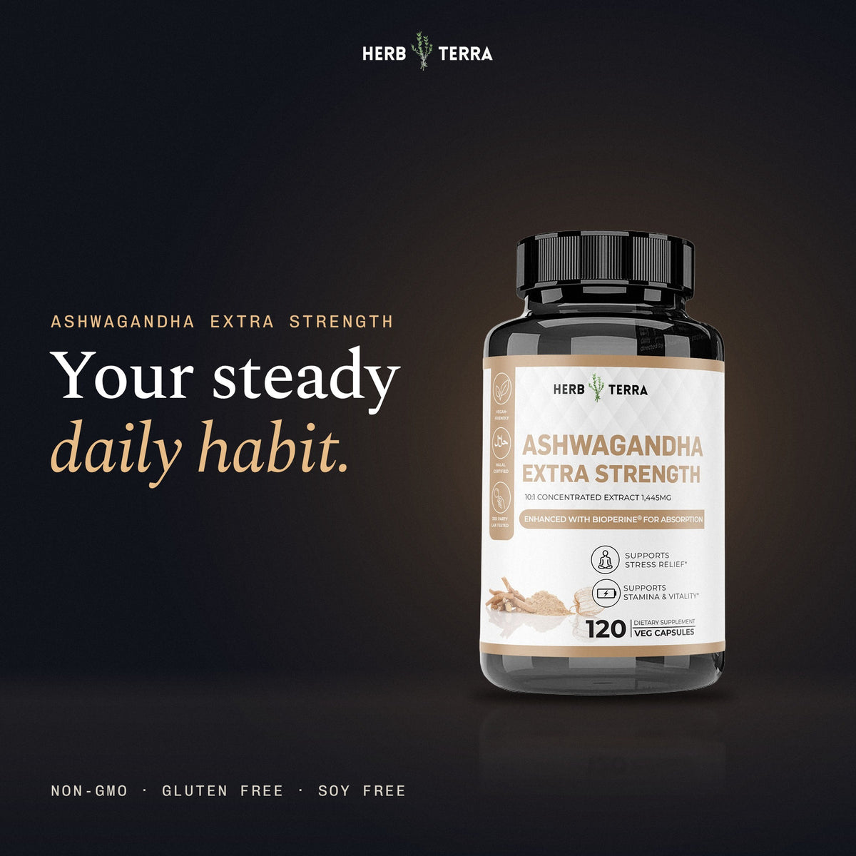 Herb Terra Ashwagandha Capsules 120 veg capsules: bottle on dark navy background