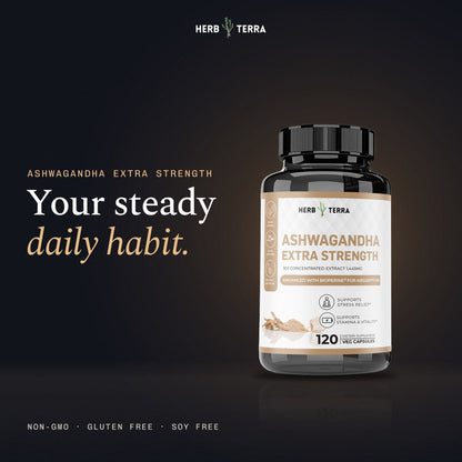 Herb Terra Ashwagandha Capsules 120 veg capsules: bottle on dark navy background