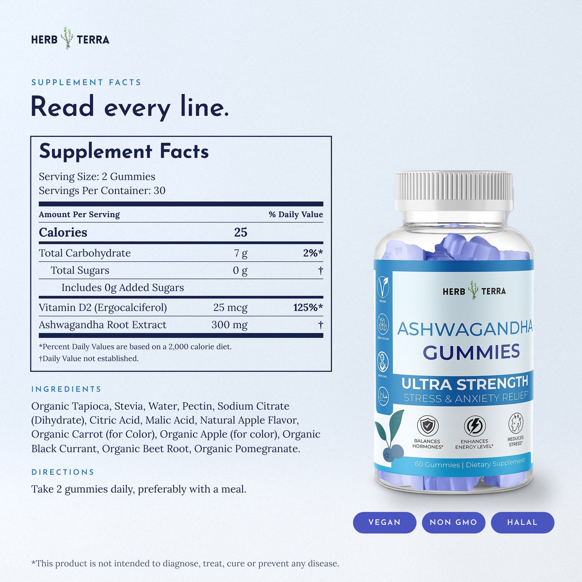 Herb Terra Ashwagandha Gummies 60 gummies: supplement facts panel and ingredients