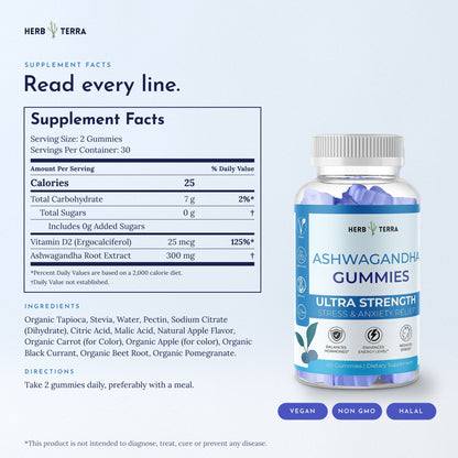 Herb Terra Ashwagandha Gummies 60 gummies: supplement facts panel and ingredients