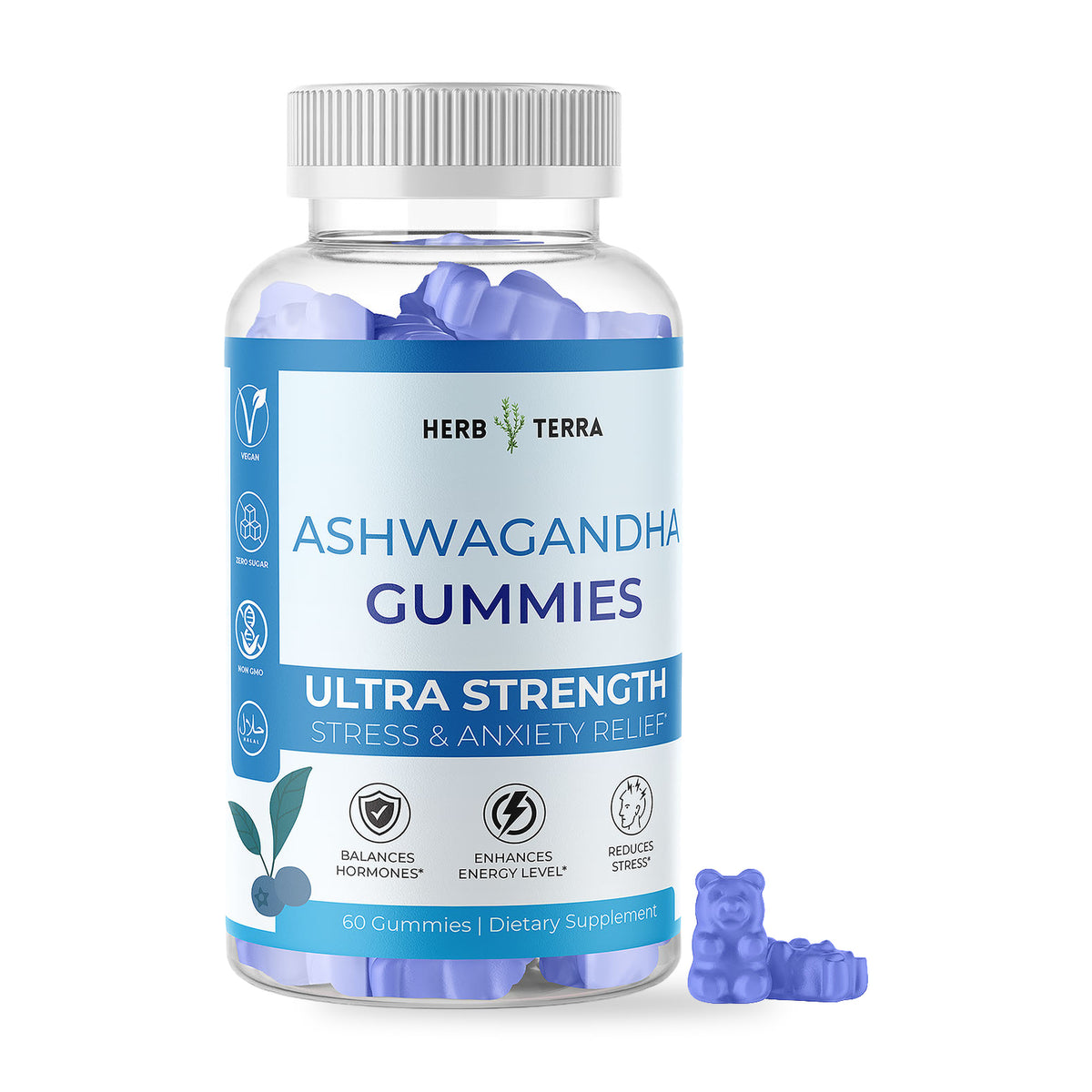 Herb Terra Ashwagandha Gummies 60 gummies: jar front on white background