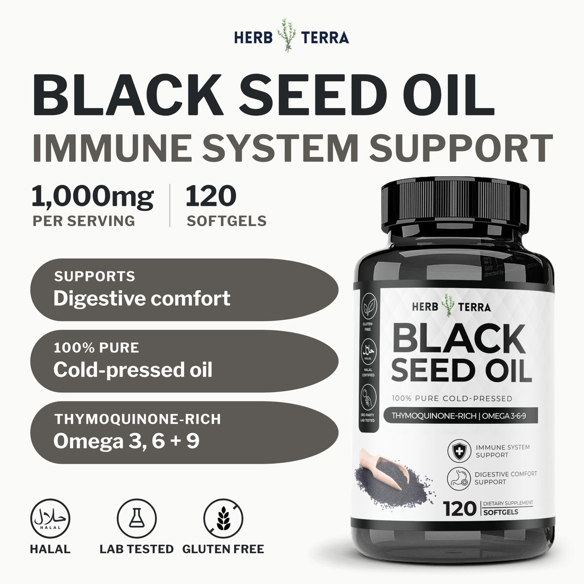 Herb Terra Black Seed Oil 120 softgels: cover with bottle, 1,000 mg per serving, halal badge