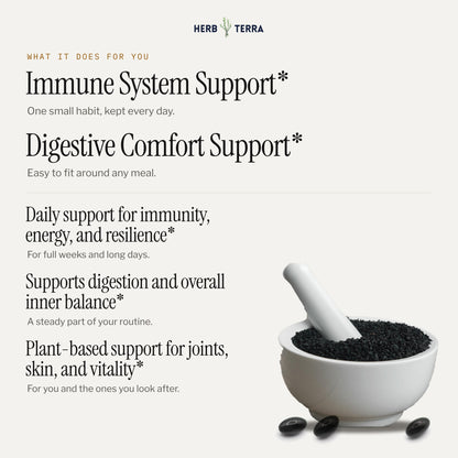 Herb Terra Black Seed Oil 120 softgels: black seeds in a mortar beside daily benefits list