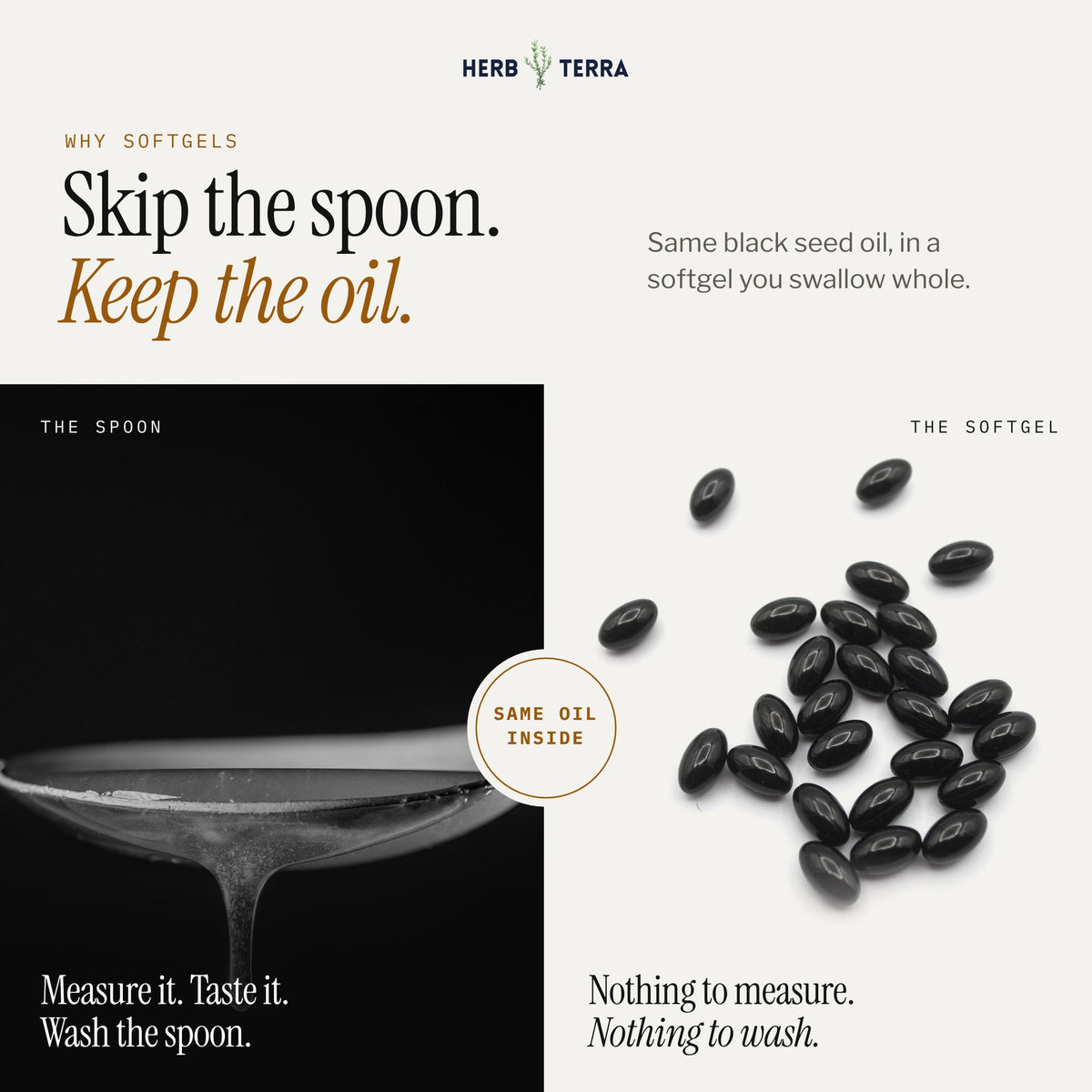 Herb Terra Black Seed Oil 120 softgels: softgels compared with a spoon of oil