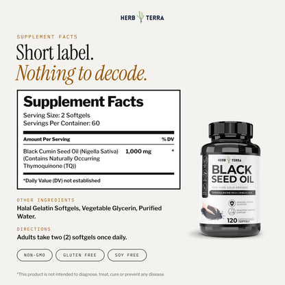 Herb Terra Black Seed Oil 120 softgels: supplement facts panel and directions