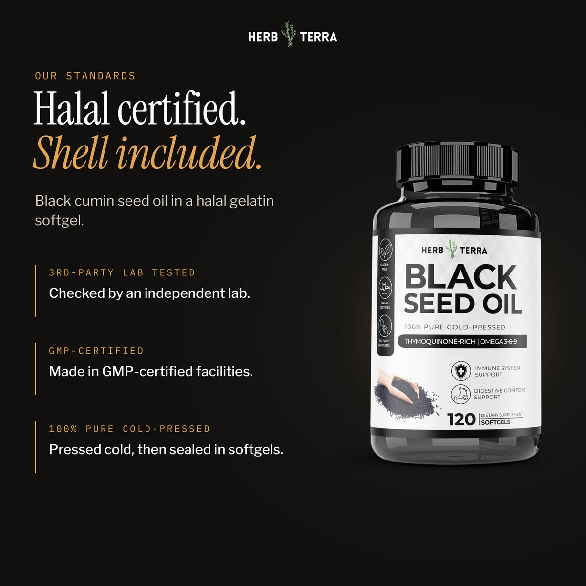 Herb Terra Black Seed Oil 120 softgels: bottle on black background with halal and GMP notes