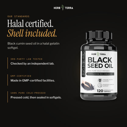 Herb Terra Black Seed Oil 120 softgels: bottle on black background with halal and GMP notes