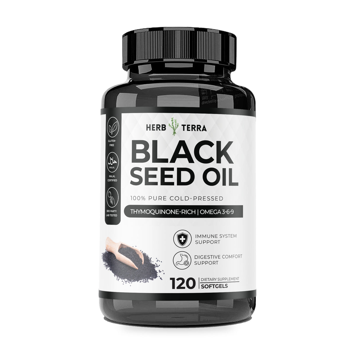 Herb Terra Black Seed Oil 120 softgels: bottle front on white background