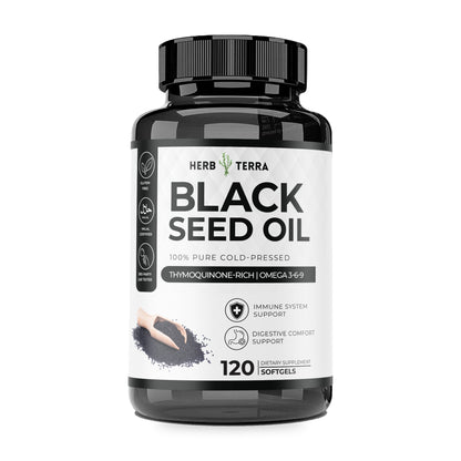 Herb Terra Black Seed Oil 120 softgels: bottle front on white background