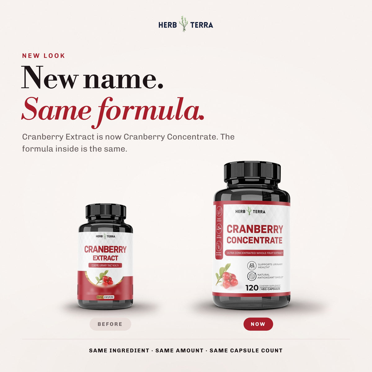 Herb Terra Cranberry Concentrate 120 veg capsules: old and new bottle side by side, same formula