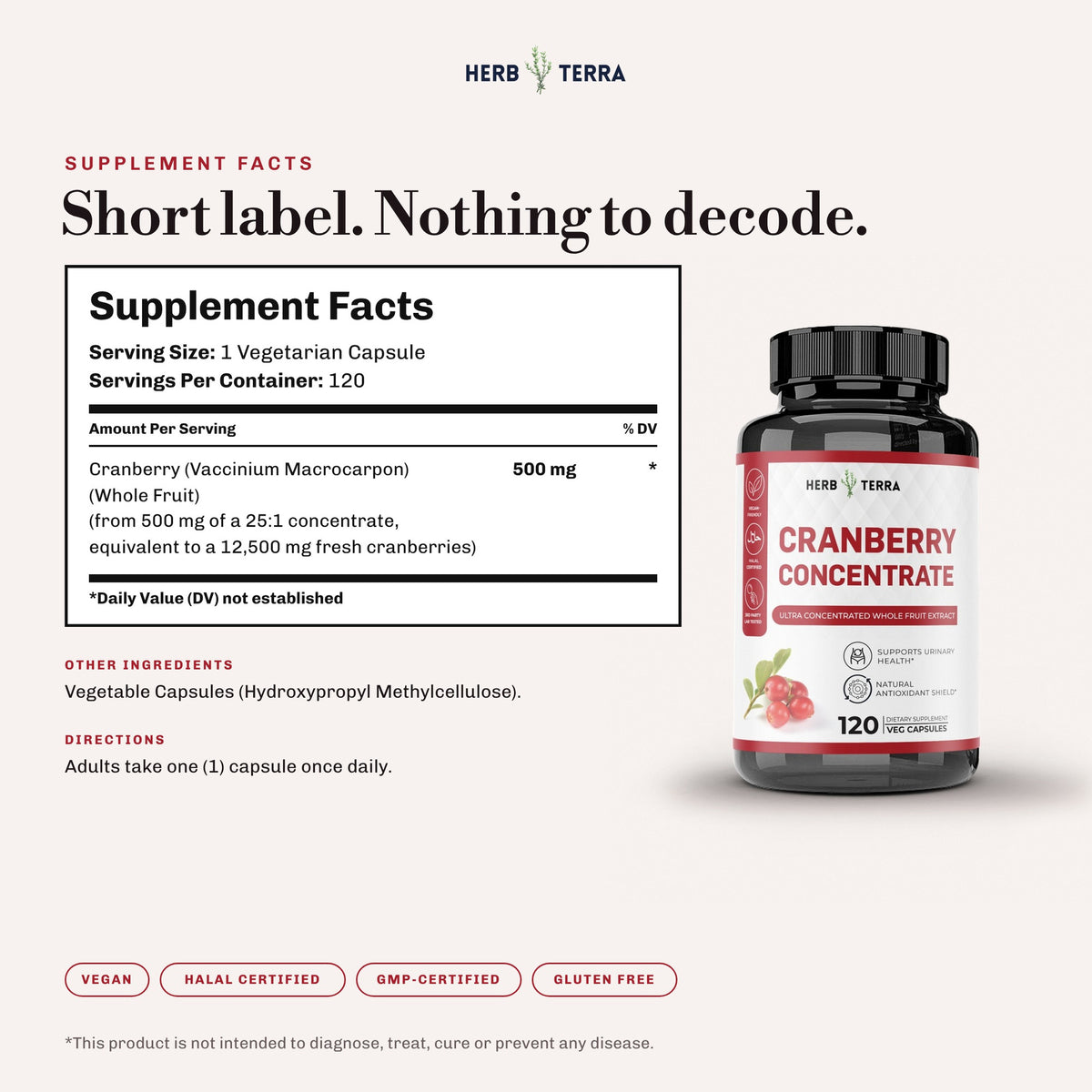 Herb Terra Cranberry Concentrate 120 veg capsules: supplement facts panel and directions