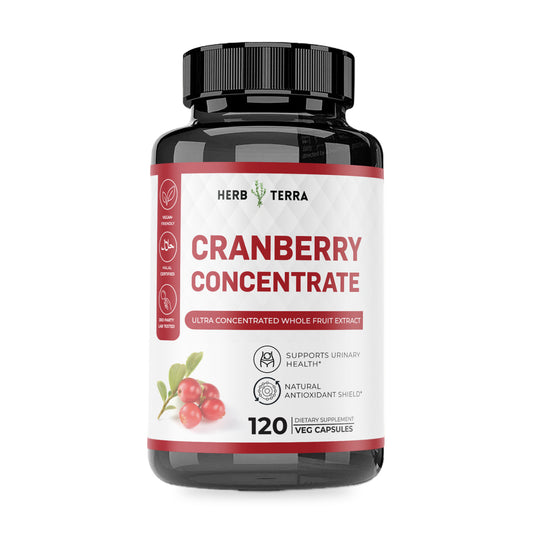 Herb Terra Cranberry Concentrate 120 veg capsules: bottle front on white background