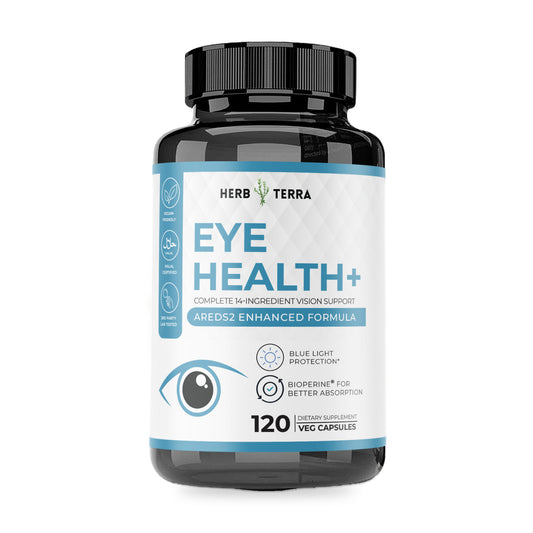 Herb Terra Eye Health+ 120 veg capsules: bottle front on white background