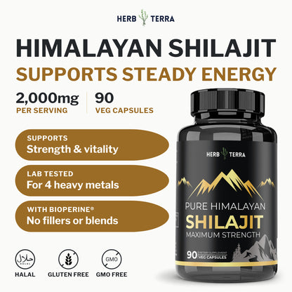 Herb Terra Himalayan Shilajit 90 Veg Capsules: front cover with bottle, 2,000 mg per serving and halal, gluten free icons