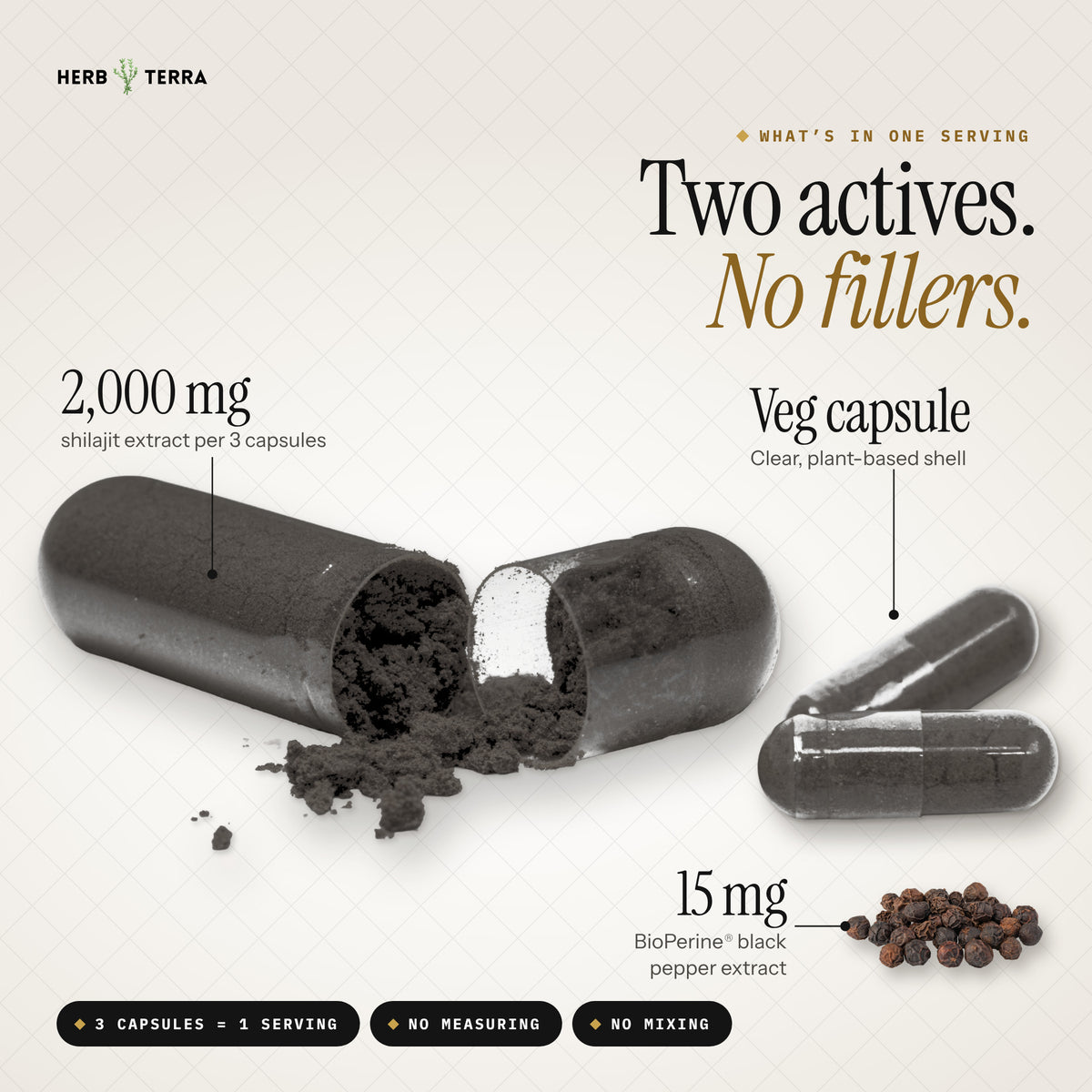 Herb Terra Himalayan Shilajit 90 Veg Capsules: 2,000 mg shilajit and 15 mg BioPerine per serving
