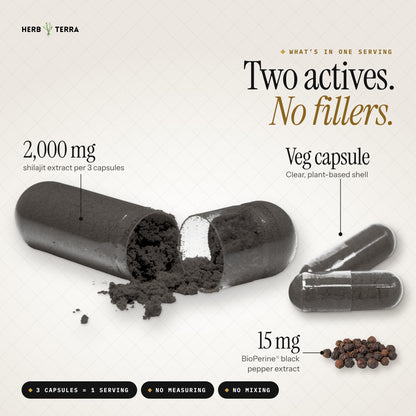 Herb Terra Himalayan Shilajit 90 Veg Capsules: 2,000 mg shilajit and 15 mg BioPerine per serving