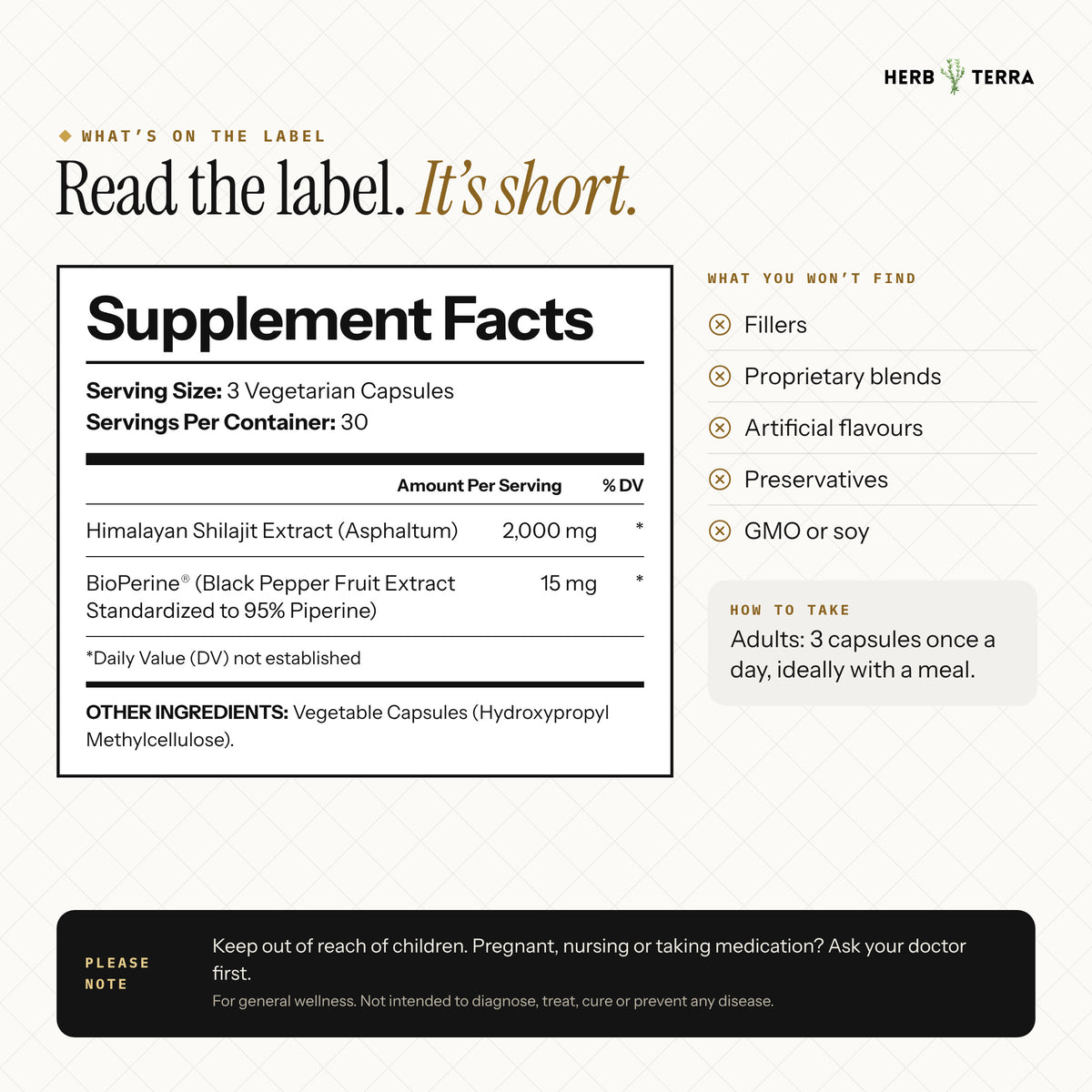 Herb Terra Himalayan Shilajit 90 Veg Capsules: supplement facts panel