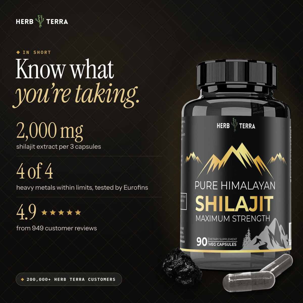 Herb Terra Himalayan Shilajit 90 Veg Capsules: 2,000 mg per serving, lab tested, 4.9 rating