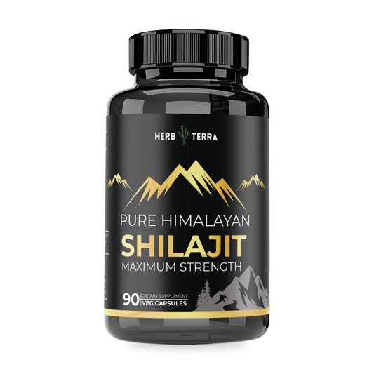 Herb Terra Himalayan Shilajit 90 Veg Capsules: bottle front on white background