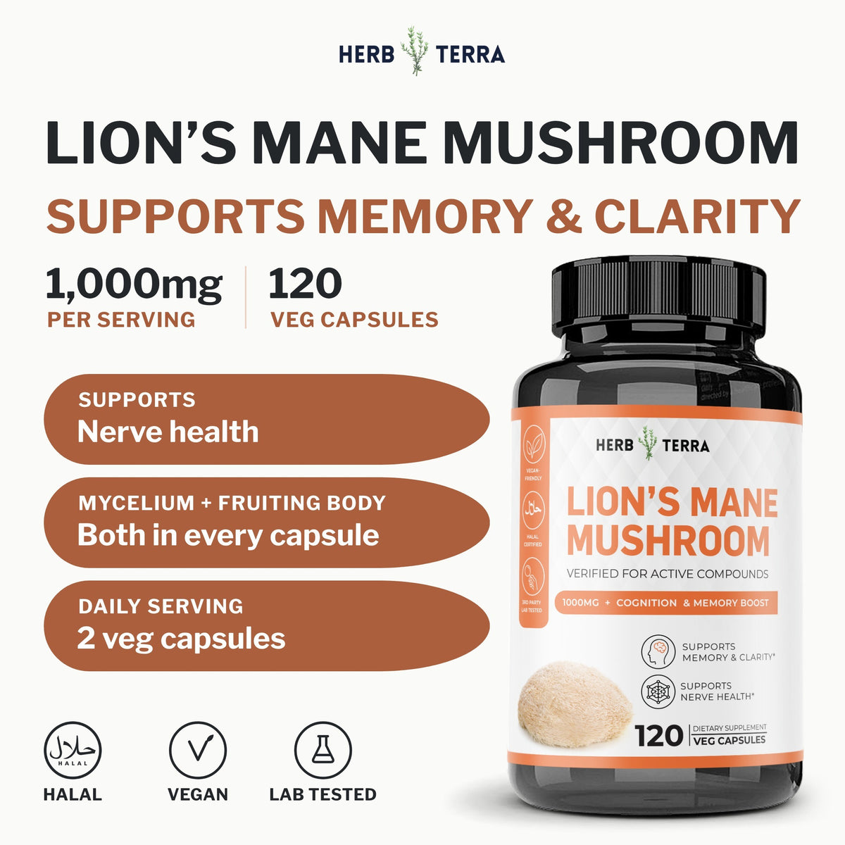 Herb Terra Lion's Mane Mushroom, 120 Veg Capsules: bottle front with 1,000 mg per serving and halal, vegan badges