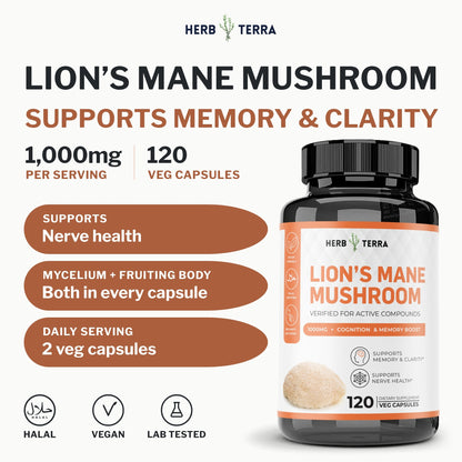 Herb Terra Lion's Mane Mushroom, 120 Veg Capsules: bottle front with 1,000 mg per serving and halal, vegan badges