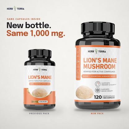 Herb Terra Lion's Mane Mushroom, 120 Veg Capsules: previous bottle and new bottle side by side, same 1,000 mg inside